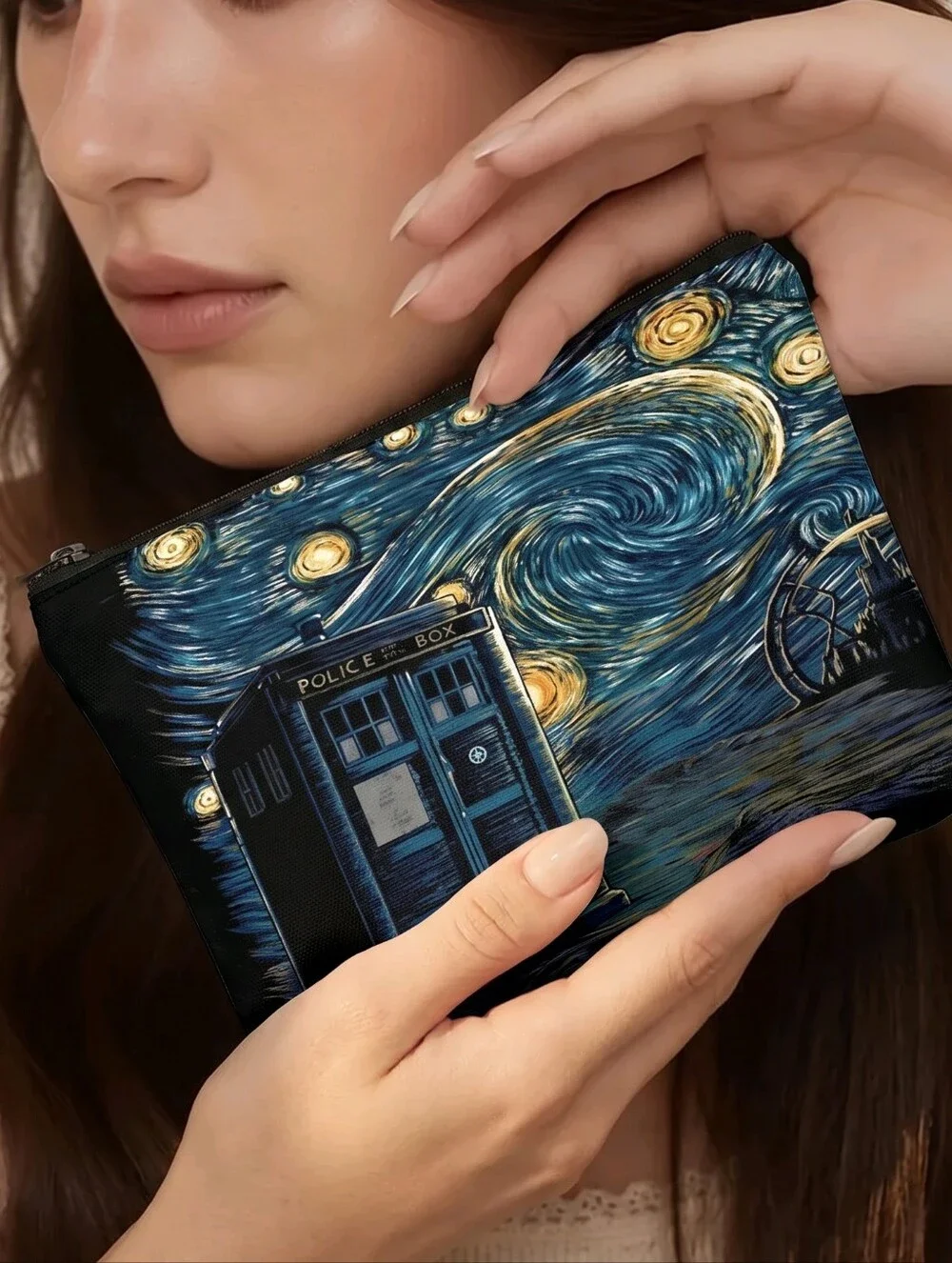 Doctor Who TARDIS Starry Night Cosmetic Bag Whovian Van Gogh Art Makeup Pouch